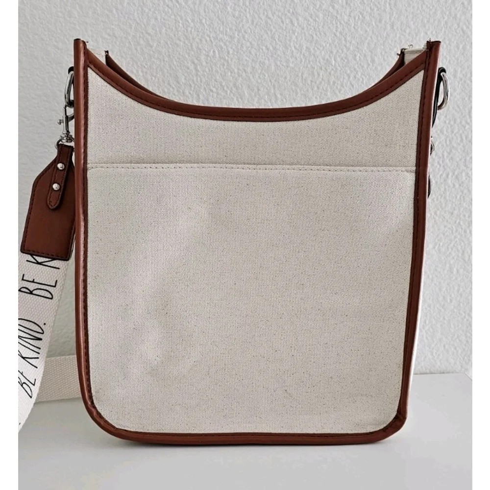 RAE DUNN BE KIND Shoulder Strap Satchel Tan Canvas Brown Leather - Very Clean - Picture 6 of 13